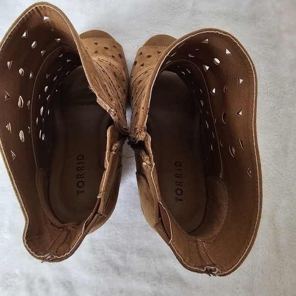 Torrid Cognac Cut-Out Perforated Peep Toe Heeled Booties - Picture 9 of 10